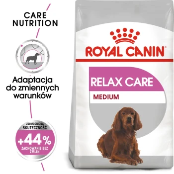 Torba karmy dla psów Royal Canin Relax Care dla psów średniej wielkości, różowo-biała, z ilustracją psa i twierdzeniem o +44% skuteczności.