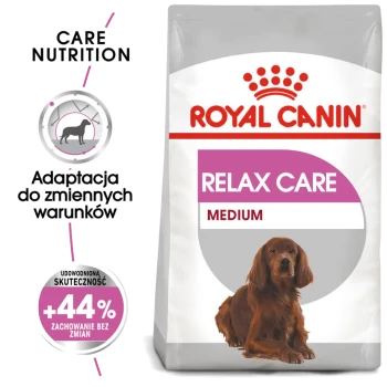 Torba karmy dla psów Royal Canin Relax Care dla psów średniej wielkości, różowo-biała, z ilustracją psa i twierdzeniem o +44% skuteczności.