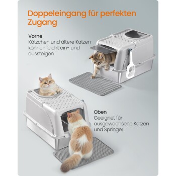Geschlossene Katzentoilette mit doppeltem Eingang, Katzen nutzen obere und vordere Öffnung; sichtbarer Text: 'Doppeleingang für perfekten Zugang'.