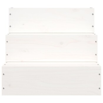 Weißes Holz-Haustierleiter mit drei Stufen, mit sichtbaren Schrauben an den Seiten.