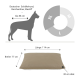 Abmessungen des Hundebettes mit einer großen Hundesilhouette, die Größenoptionen (XL, L, M) und Maße zeigt: 114 cm lang, 77 cm breit, 20 cm dick.