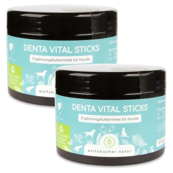 Zwei Gläser 'Denta Vital Sticks' für Hunde, als Nahrungsergänzungsmittel gekennzeichnet, mit einem hellblauen Design und Text in deutscher Sprache.