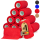 Ein Stapel roter selbstklebender Verbände mit einem Etikett, das "#1 DEUTSCHLANDS PREMIUM QUALITÄT" liest, und Farboptionen, die in der Ecke angezeigt werden.