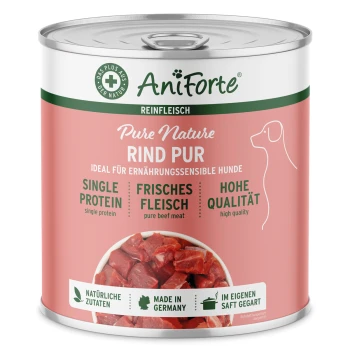 Dose AniForte Pure Nature Rind Pur Hundefutter, mit frischem Rindfleisch, gekennzeichnet als Einzelprotein, von hoher Qualität und hergestellt in Deutschland.