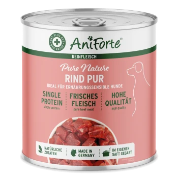 Dose AniForte Pure Nature Rind Pur Hundefutter, mit frischem Rindfleisch, gekennzeichnet als Einzelprotein, von hoher Qualität und hergestellt in Deutschland.