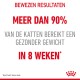 Tekst op een witte achtergrond die een huisdiervoedingsproduct promoot, met de mededeling "Meer dan 90% van de katten bereikt een gezonder gewicht in 8 weken."