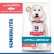 Sac de nourriture pour chiens Hill's Science Plan Hypoallergénique présentant un chien blanc, étiqueté 'au SAUMON' et 'SENSIBILITÉS', avec une icône de saumon.