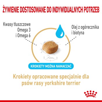 Karma dla psów w postaci krokietów dla Yorkshire Terrierów, podkreślająca dostosowane odżywianie z Omega 3 i 6, olejem z wiesiołka i biotyną.