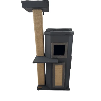 Ein moderner Kratzbaum für Katzen mit einem gemütlichen oberen Platz, einem Kratzpfosten und einem Versteck mit einem weichen Eingang, in Grau und Beige.