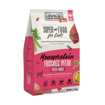 Eine 7 kg Tüte MAC's Mono Super Food für Katzen mit "Frisches Pferd" als Hauptzutat, mit grünen Erbsen und Cranberries.