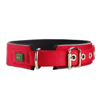 Roter Hundehalsband mit gepolstertem Innenraum, Metallschnalle und Ösen, mit einem kleinen grünen und gelben 'Hunter'-Logo.