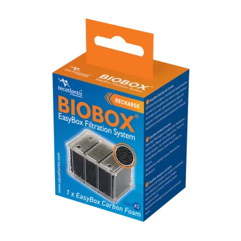 Verpackung für das BIOBOX EasyBox Filtrationssystem, ausgestattet mit einem Kohlefaserfilter, beschriftet mit der Größe XS, in einem leuchtend orange-blauen Design.