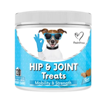 NutriPaw Hip & Joint Treats for dogs, 120 chews, duck flavor, promotes mobility and strength, blue label with dog wearing sunglasses.