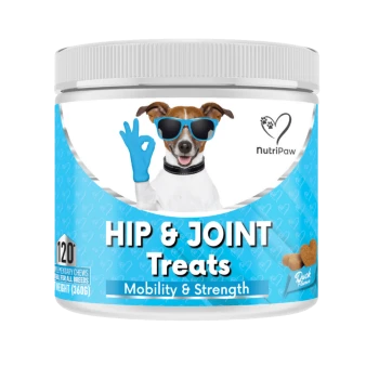 NutriPaw Hip & Joint Treats for dogs, 120 chews, duck flavor, promotes mobility and strength, blue label with dog wearing sunglasses.