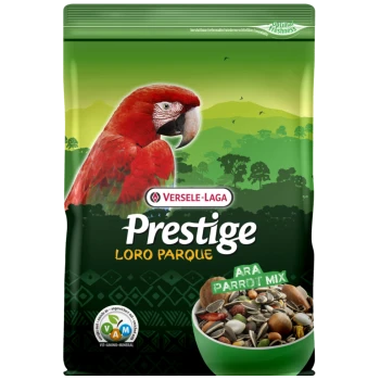 Un sac vert vif de Versele-Laga Prestige Loro Parque Ara Parrot Mix présentant un ara coloré à gauche et un bol de graines et de noix.
