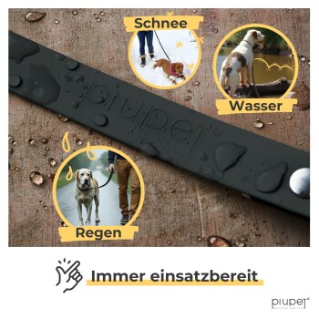 Eine schwarze Hundeleine mit Wassertropfen, mit Bildern beschriftet "Schnee", "Wasser" und "Regen", und dem Text "Immer einsatzbereit."