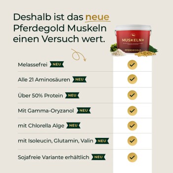 Roter Behälter 'MUSKELN+ PFERDEGOLD'; Überschrift 'Deshalb ist das neue Pferdegold Muskeln einen Versuch wert.' Checkliste mit 'NEU'-Markierungen.
