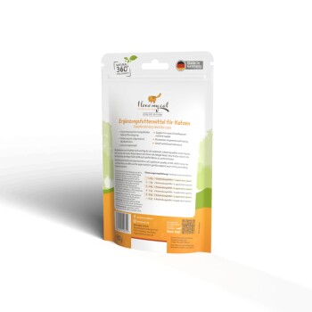 Verpackung des Nahrungsergänzungsmittels "Ich liebe meine Katze" für Katzen, mit ernährungsphysiologischen Angaben auf Deutsch, in einem bunten Design und mit einem Barcode.