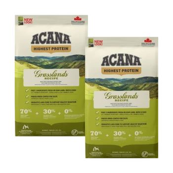 Sacs de nourriture pour animaux ACANA Grasslands Recipe avec l'étiquette "Highest Protein", mettant en avant des ingrédients frais comme l'agneau, le canard et les œufs.