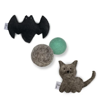 Eine Sammlung von drei Haustierspielzeugen: ein schwarzer Fledermaus, eine graue Katze und zwei bunte Filzbälle (einer grün und einer braun) auf einem weißen Hintergrund.