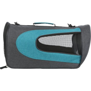 Grau Haustierträger mit einem türkisfarbenen Akzent und einem Netzfenster, mit einem oberen Griff für einfachen Transport.