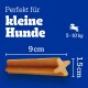 Hundesnack für kleine Hunde, 9 cm lang und 1,5 cm breit, mit dem Text "Perfekt für kleine Hunde" auf einem blauen Hintergrund.