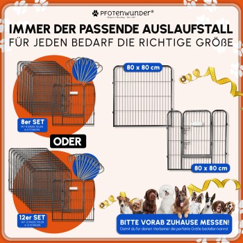 Hundespielgehege-Sets mit 8 oder 12 Teilen, jedes Paneel 80x80 cm, mit Maßband und verschiedenen Hunderassen gezeigt.