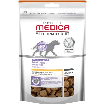 Medica Schonkost Snack 2 x 125g mit Huhn und Reis PetBalance Medica Veterinary Diet Hundesnacks Verpackung, mit einer Hundesilhouette, Text in mehreren Sprachen und Nährwertangaben.