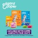 Paquets et boîtes Edgard Cooper pour chats avec chat dessin animé ; titre 'EXPLOREZ NOTRE GAMME COMPLÈTE POUR CHATS'.