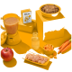 Ein gelber Hintergrund zeigt einen Mixer mit Smoothie, eine "FELIA Huhn"-Box, Katzenfutter, gewürfeltes Huhn, Karotten, einen Apfel und eine Glasflasche.