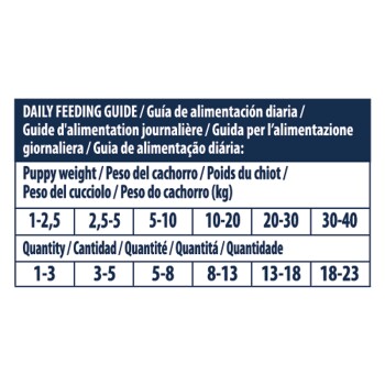 Guide d'alimentation quotidien pour les chiots, détaillant les plages de poids (1-40 kg) et la quantité de nourriture correspondante en plusieurs langues.