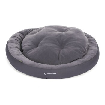 Graues rundes Haustierbett mit einem plüschigen, gepolsterten Zentrum, mit dem Logo 'Doctor Bark' an der Seite.