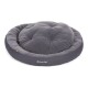 Graues rundes Haustierbett mit einem plüschigen, gepolsterten Zentrum, mit dem Logo 'Doctor Bark' an der Seite.
