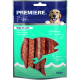 Friandises pour chiens Premiere Fish, bandes de saumon dans un emballage vert et bleu, étiquetées "Strips mit Lachs" et "Treat, recompense," 100g.