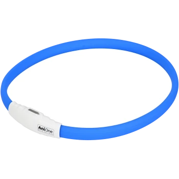Collier pour animal en silicone bleu avec un fermoir blanc, portant le nom de la marque 'AniOne' et un petit bouton pour les ajustements.