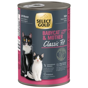 Select Gold Babycat & Mother Classic Fit weiche Mousse Katzenfutterdose mit Bildern von zwei schwarz-weißen Katzen.