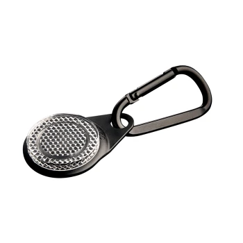 Schwarzes Haustiersicherheitslicht mit reflektierender Oberfläche und Karabinerclip für eine einfache Befestigung.