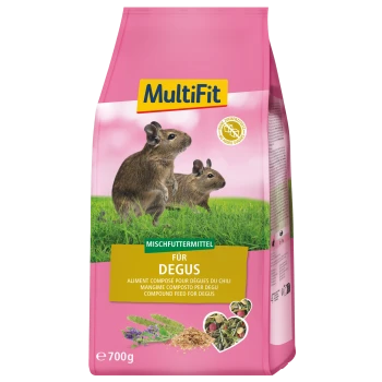 Rosa MultiFit-700-g-Tüte mit Degufutter, auf der zwei Degus abgebildet sind; sichtbarer Text: „Mischfuttermittel“, „Für Degus“, „Compound feed for degus“ und „No added sugars“.