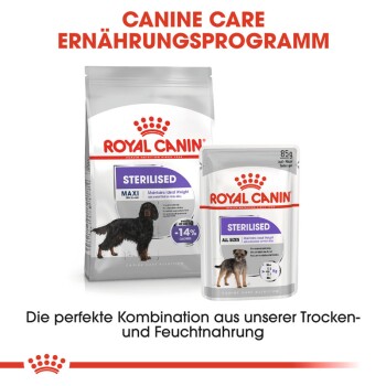 Verpackung von Royal Canin Hundefutter mit "Sterilised" Trockenfutter für große Hunde und Nassfutter für alle Größen, mit dem Fokus auf die Erhaltung des idealen Gewichts.