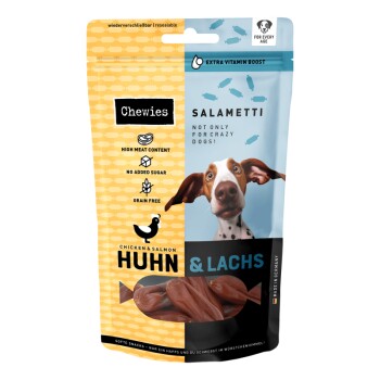 Hundeleckerli-Verpackung mit "Chewies Salametti" mit Huhn- und Lachs-Geschmack. Höhepunkte: hoher Fleischanteil, kein Zuckerzusatz, getreidefrei.