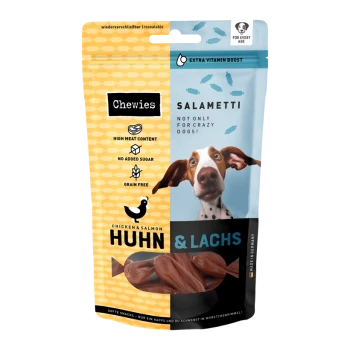 Hundeleckerli-Verpackung mit "Chewies Salametti" mit Huhn- und Lachs-Geschmack. Höhepunkte: hoher Fleischanteil, kein Zuckerzusatz, getreidefrei.