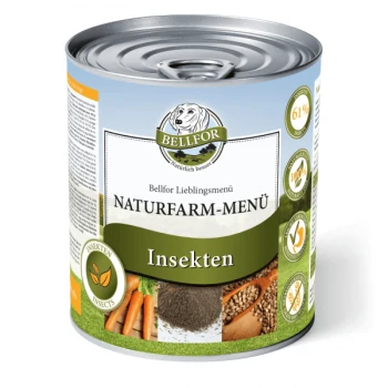 Dosen-Hundefutter "Bellfor Naturfarm-Menü Insekten" mit grün-blauem Design, das Karotten und Samen zeigt und 61% Insektenanteil angibt.