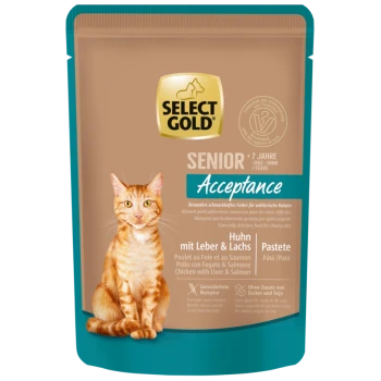 Select Gold Senior Acceptance Katzenfutterbeutel für Katzen ab 7 Jahren, Huhn mit Leber- und Lachs-Pâté, getreidefrei, ohne Zuckerzusatz oder Soja.