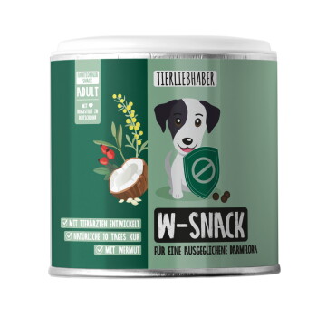 Grüner "W-SNACK" Behälter mit pinkem Boden, der 350g (ca. 210 Stück) Tierleckerlis hält, verziert mit Pfotenabdrücken und Lebensmittelikonen.