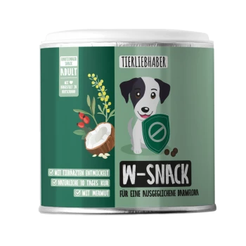 Grüner "W-SNACK" Behälter mit pinkem Boden, der 350g (ca. 210 Stück) Tierleckerlis hält, verziert mit Pfotenabdrücken und Lebensmittelikonen.
