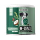 Grüner "W-SNACK" Behälter mit pinkem Boden, der 350g (ca. 210 Stück) Tierleckerlis hält, verziert mit Pfotenabdrücken und Lebensmittelikonen.