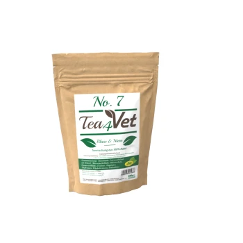 Braune Papiertüte mit der Aufschrift "No. 7 Tea4Vet" für Blasen- und Nierengesundheit, mit grünen Blattgrafiken und deutschem Text.