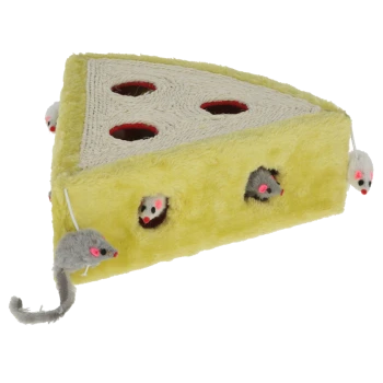Gelbes Plüsch-Katzenspielzeug in Form eines Käsekeils mit Löchern und daran befestigten grauen und weißen Mäusen.