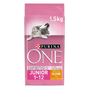 Sac de nourriture pour chats Purina ONE Bifensis Junior, 1,5 kg, avec un chaton joueur sur un fond rose, étiqueté "Reich an Huhn und Vollkorn-Getreide."
