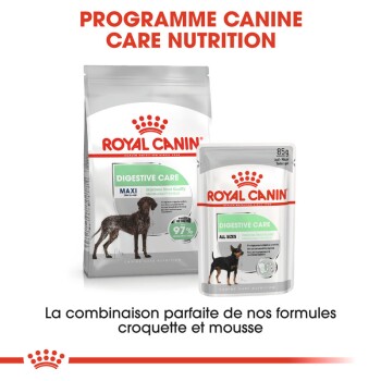 Emballage de nourriture pour chiens Royal Canin Digestive Care, comprenant un sac de nourriture sèche "MAXI" et un sachet de nourriture humide, mettant l'accent sur une meilleure qualité des selles.